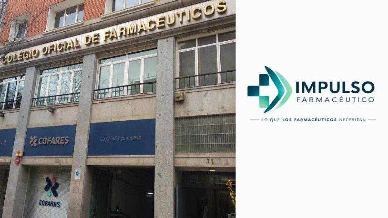 Fachada del Colegio Oficial de Farmacéutico y logo de 'Impulso Farmacéutico'. Servimedia.