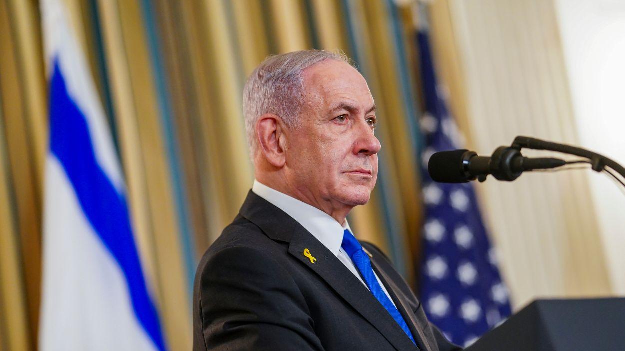 El primer ministro de Israel, Benjamín Netanyahu, durante una comparecencia desde Tel Aviv. EP.