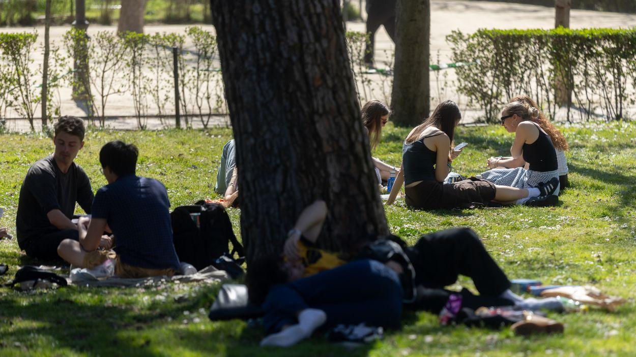 Un grupo de personas sentadas en el césped de un parque, a 17 de marzo de 2026, en Madrid. EP.