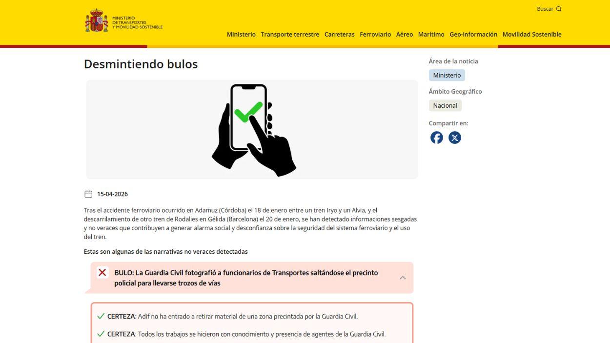 Nueva web del Ministerio de Transportes dedicada a desmentir bulos