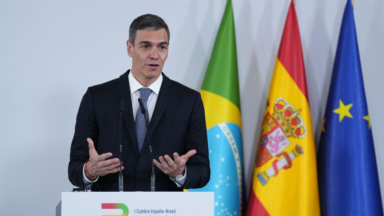 El presidente del Gobierno, Pedro Sánchez, durante la celebración de la I Cumbre España-Brasil. EP.
