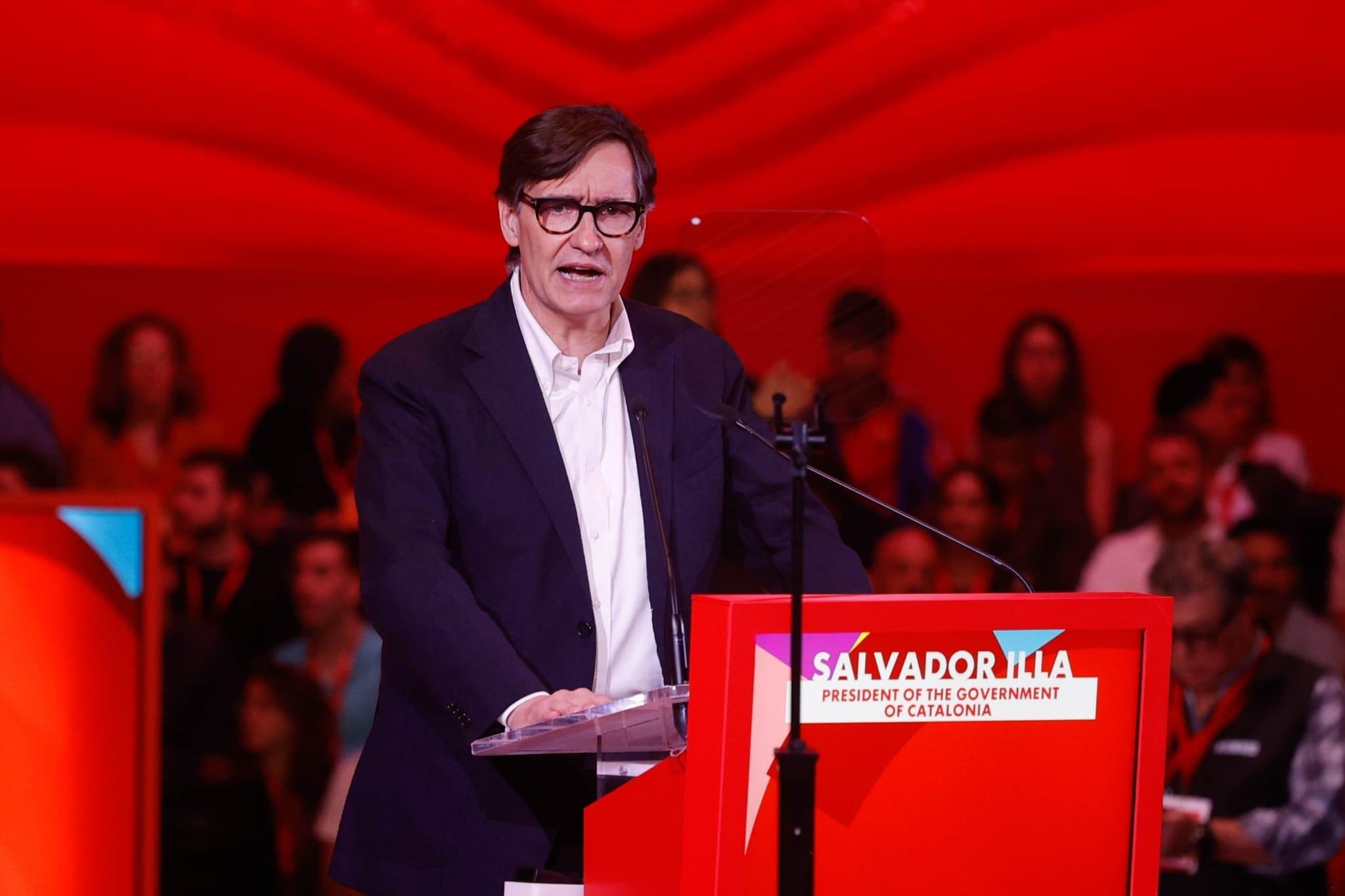 El presidente de la Generalitat de Cataluña, Salvador Illa, en su intervención este sábado en la segunda jornada de la Global Progressive Mobilisation. Kike Rincón / EP