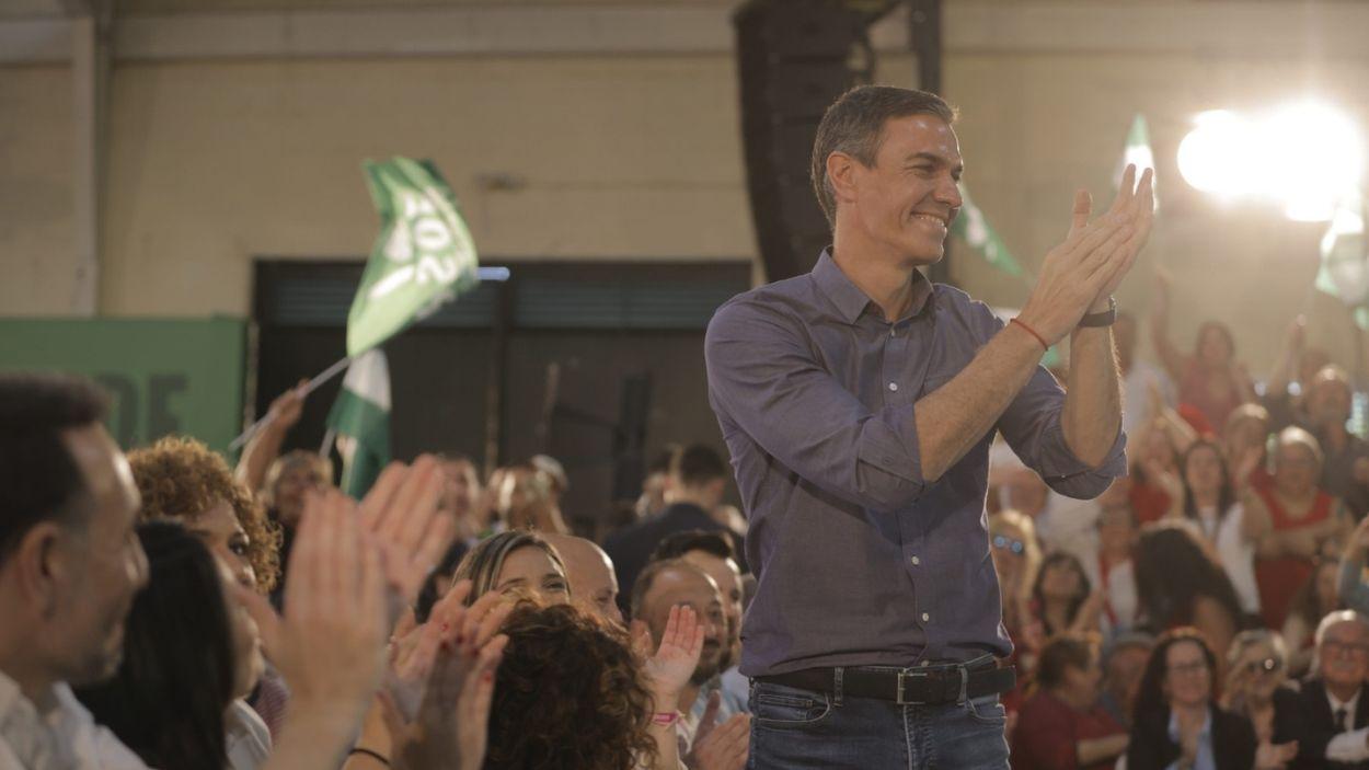 El presidente del Gobierno, Pedro Sánchez, interviene en un acto del PSOE A en Huelva. EP.  