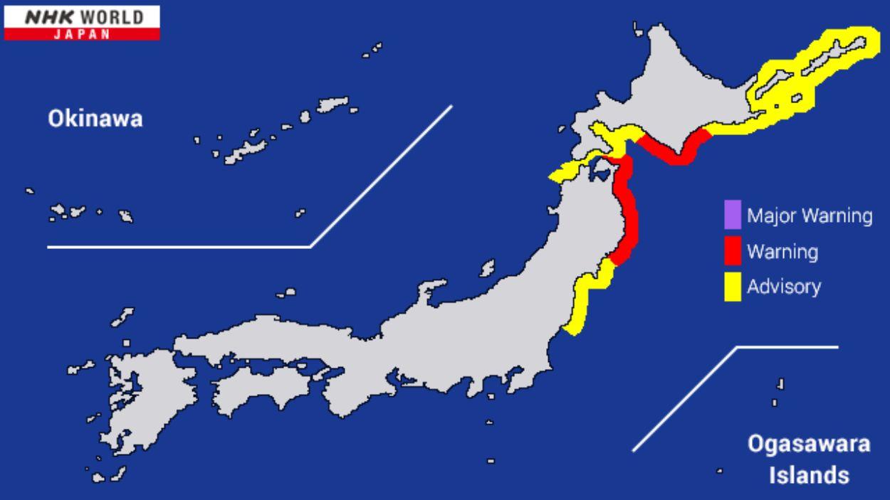 Mapa con las alertas de tsunami tras el terremoto de magnitud 7,5 registrado en Japón. NHK