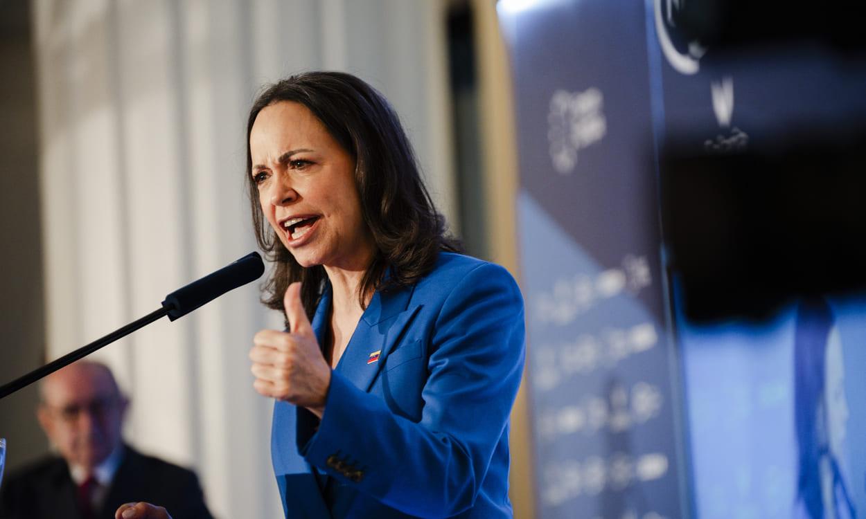 La líder opositora venezolana, María Corina Machado, durante un desayuno informativo organizado por Fórum Europa. Mateo Lanzuela / EP