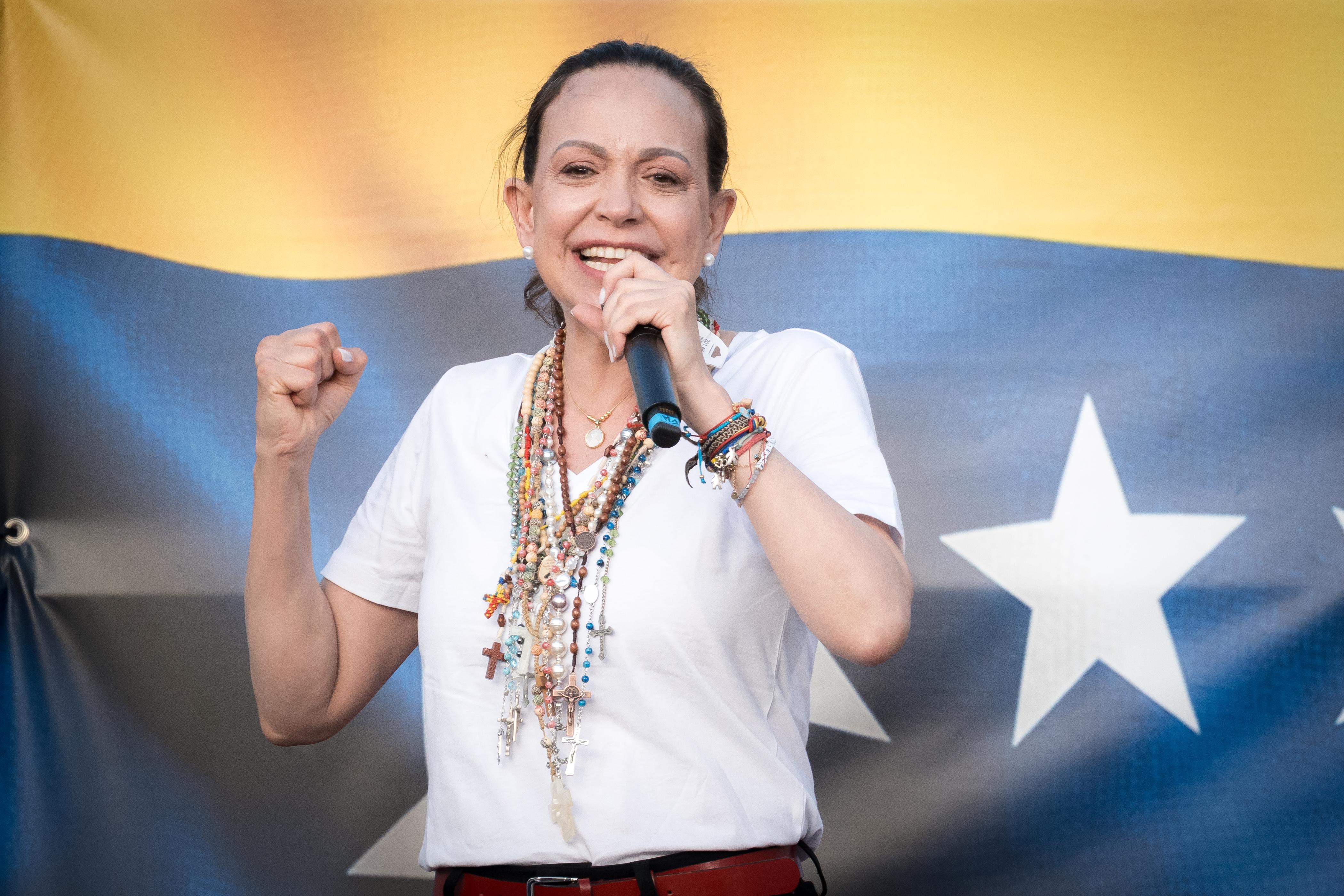 La líder opositora venezolana, María Corina Machado, durante un encuentro con la diáspora venezolana, en la Puerta del Sol de Madrid. EP.