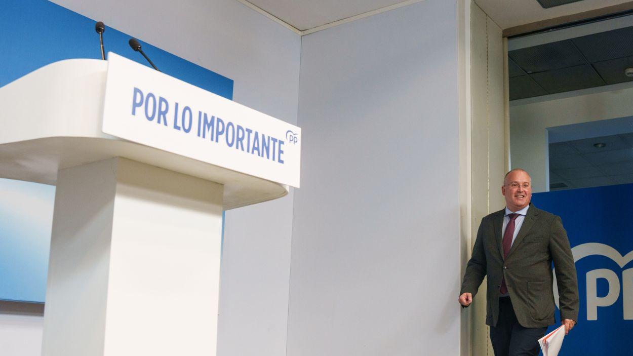 El secretario general del Partido Popular, Miguel Tellado, durante la rueda de prensa posterior al Comité de Dirección del PP. EP.