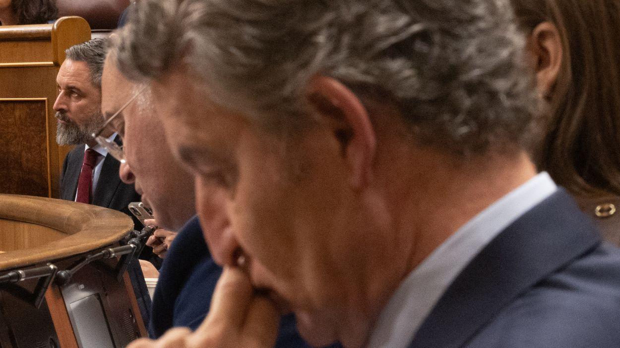 El presidente del PP, Alberto Núñez Feijóo, y el de Vox, Santiago Abascal, en el Congreso de los Diputados. EP