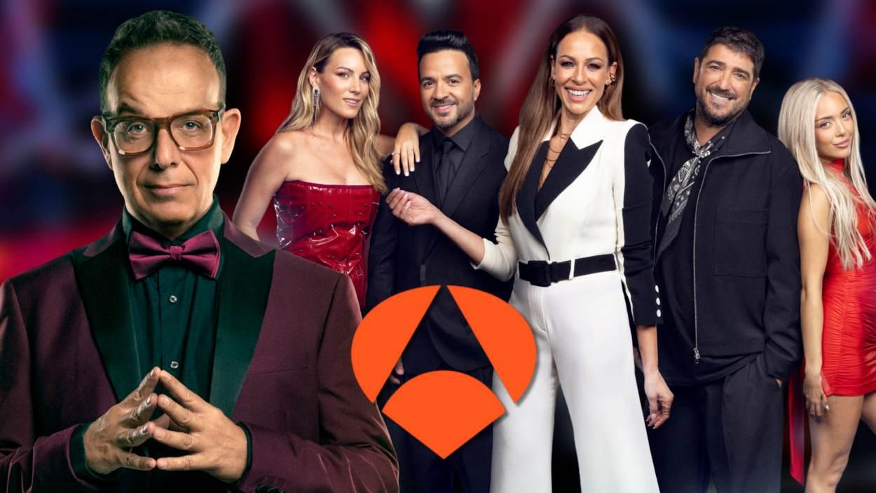 Àngel Llàcer y Eva González junto a los coaches de 'La voz' (ATRESMEDIA / ELABORACIÓN PROPIA)