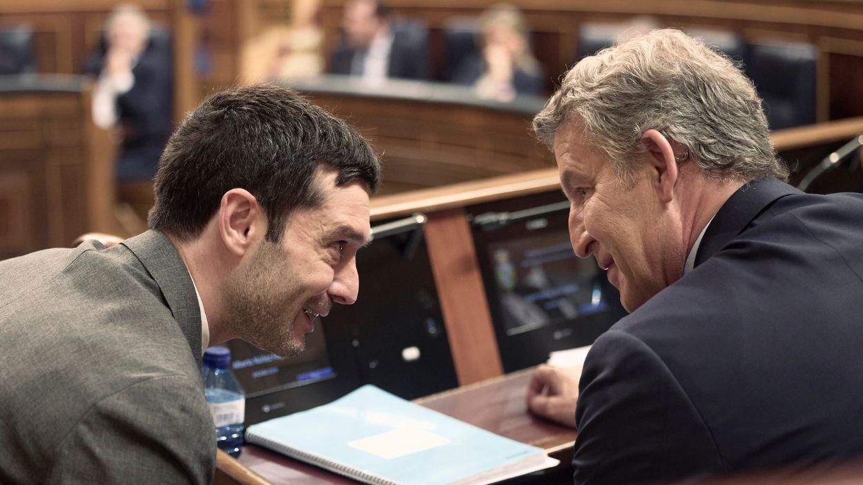 El ministro de Derechos Sociales, Consumo y Agenda 2030, Pablo Bustinduy, habla con el líder del PP, Alberto Núñez Feijóo en el Congreso de los Diputados. EP