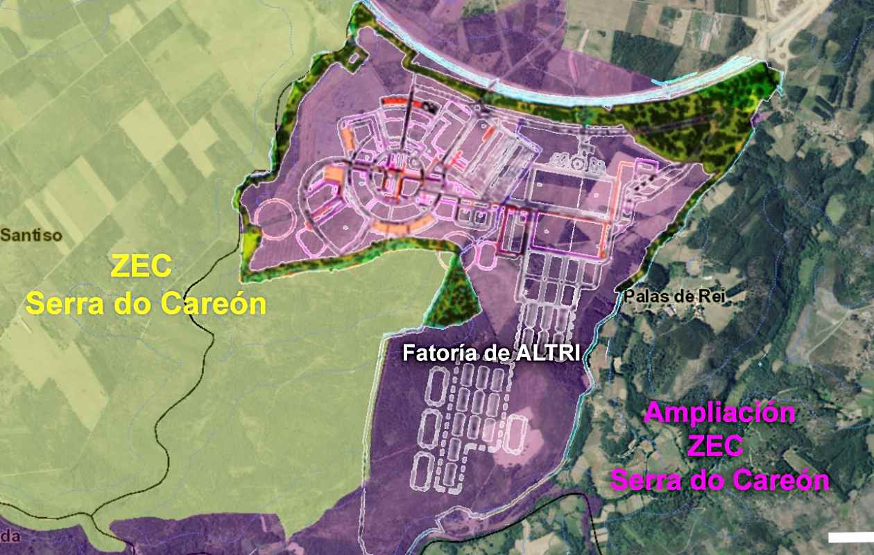Imagen de la Asociación para a Defensa Ecolóxica de Galicia sobre la extensión de Altri y su ubicación próxima a la Serra de Careón (Foto: Adega). 