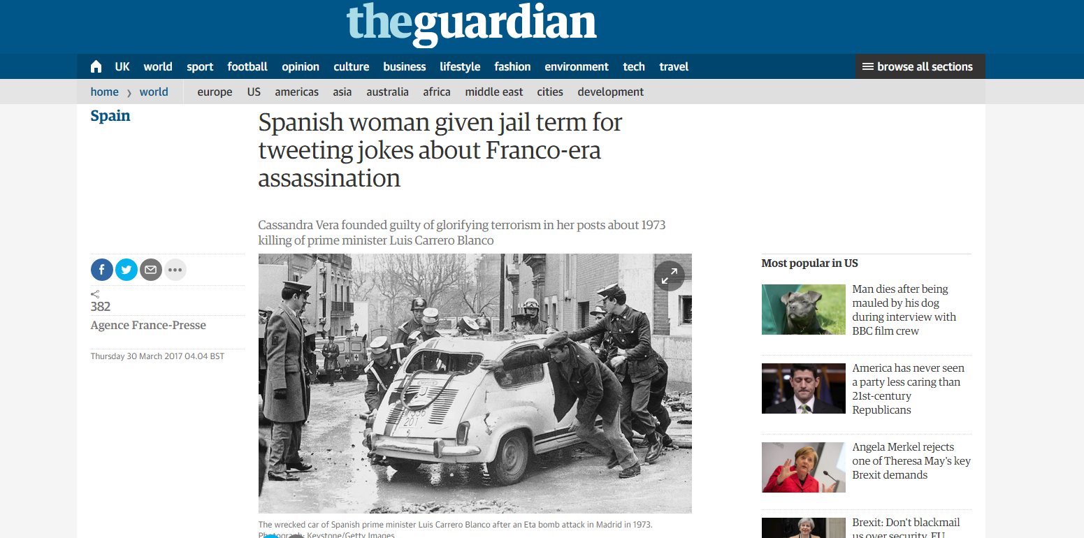 The Guardian recoge la condena a Cassandra Vera por sus tuits de Carrero Blanco.