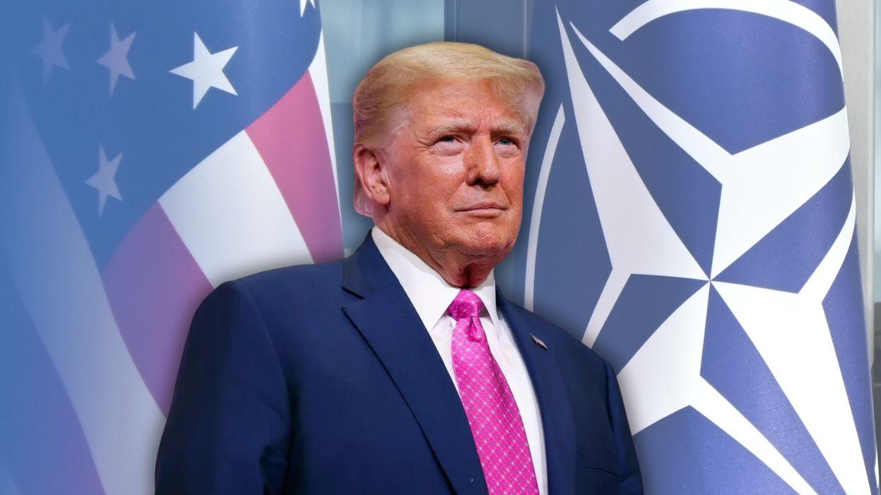 El presidente de Estados Unidos, Donald Trump, con la bandera del país y la de la OTAN. Elaboración propia.