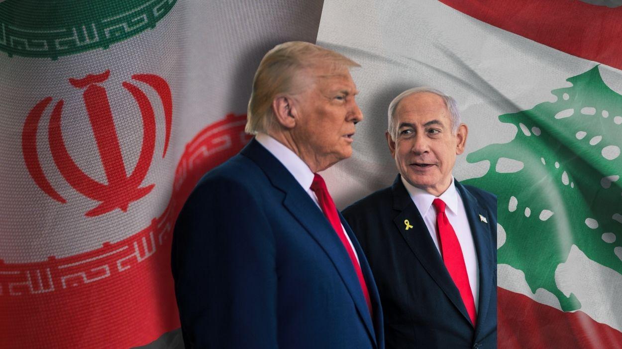 Fotomontaje de los presidentes de Estados Unidos e Israel, Donald Trump y Benjamín Netanyahu, con las banderas de Irán y Líbano de fondo. Elaboración propia M.A.