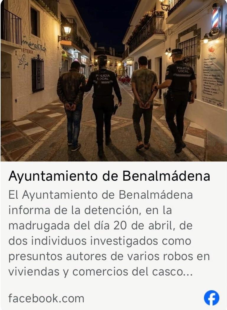 Captura de la publicación del Ayuntamiento de Benalmádena informando sobre la detención en su perfil de Facebook. 
