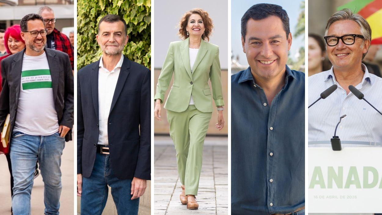 Candidatos a la Presidencia de la Junta, de izquierda a derecha: José Ignacio García (Adelante), Antonio Maíllo (Por Andalucía), María Jesús Montero (PSOE-A), Moreno Bonilla (PP), Manuel Gavira (Vox)