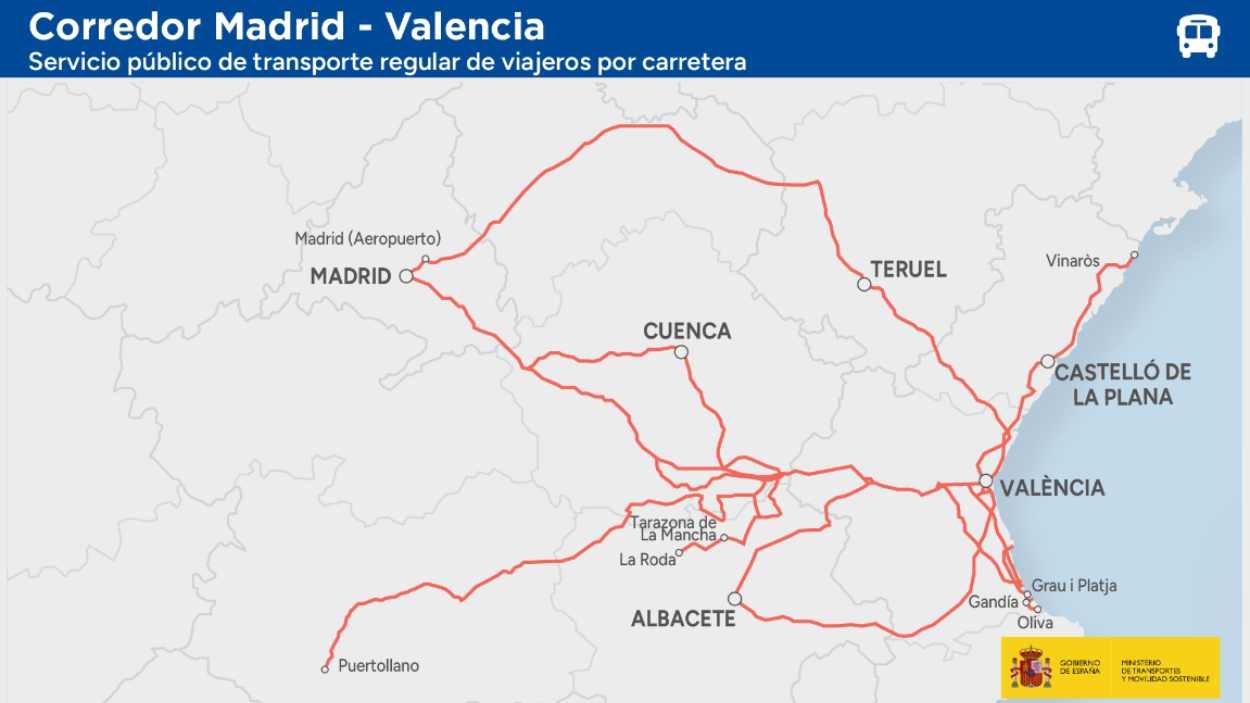 Conectará 130 municipios de Albacete, Castellón, Ciudad Real, Cuenca, Guadalajara, Madrid, Teruel y Valencia a través de 22 rutas y 275 paradas. MITMS.