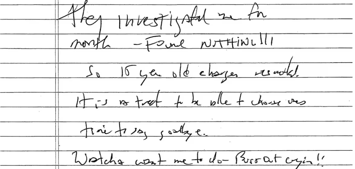 La supuesta nota de suicidio de Jeffrey Epstein. Gobierno de Estados Unidos