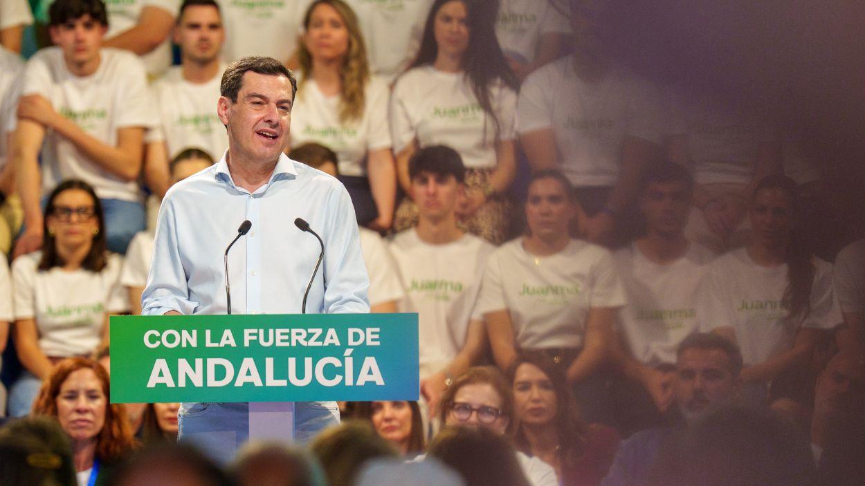 El presidente del PP de Andalucía y candidato a la reelección a la Presidencia de la Junta, Juan Manuel Moreno Bonilla, durante un acto de campaña. EP.