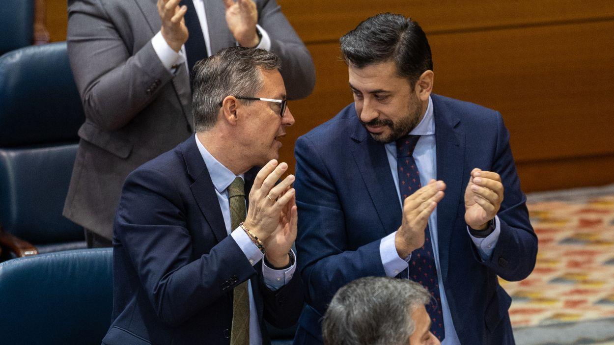 El secretario general del PP de Madrid, Alfonso Serrano, y el portavoz del PP en la Asamblea, Carlos Díaz-Pache. EP.