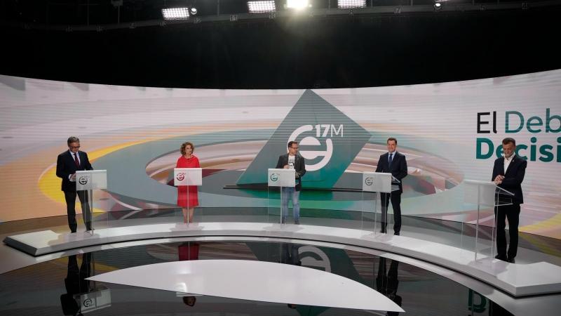 Candidatos a las elecciones andaluzas del 17 de mayo en el debate de Canal Su de izquierda a derecha: Manuel Gavira (Vox), María Jesús Montero (PSOE-A), José Ignacio García (Adelante Andalucía), Moreno Bonilla (PP), Antonio Maíllo (Por Andalucía) / EP