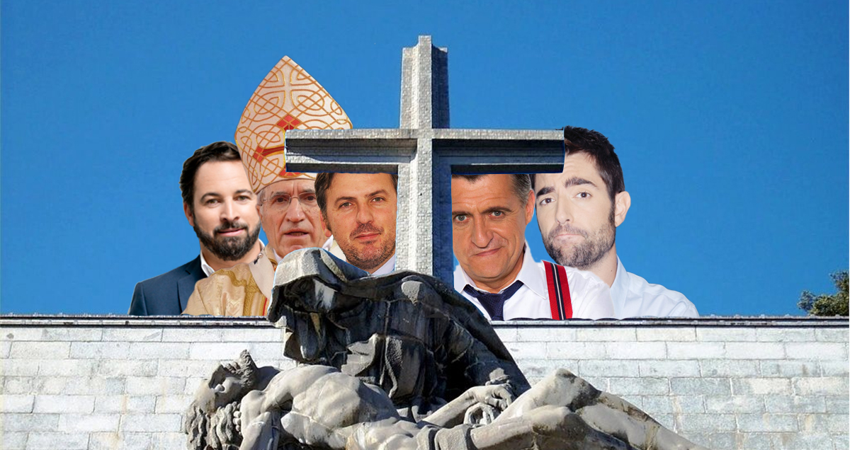 Santiago Abascal, Rouco Varela, Ignacio Arsuaga, Gran Wyoming y Dani Mateo, tras la cruz del Valle de los Caídos.