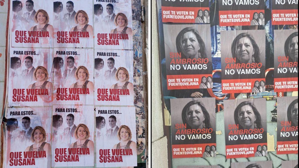 Carteles vistos en Cádiz (izquierda) y Córdoba (derecha) contra las candidaturas socialistas