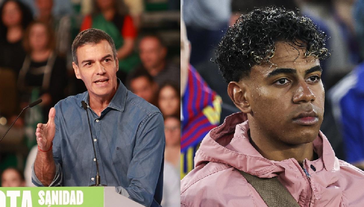 El presidente del Gobierno y secretario general del PSOE, Pedro Sánchez, y el futbolista del FC Barcelona y de la Selección Española Lamine Yamal. Elaboración propia.