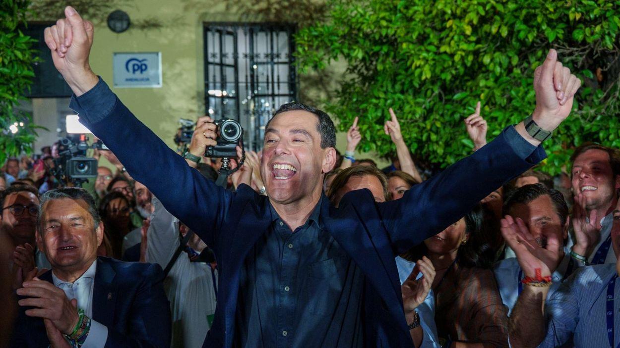 Juanma Moreno Bonilla, candidato del PP en Andalucía, durante la valoración de su victoria electoral. EP.