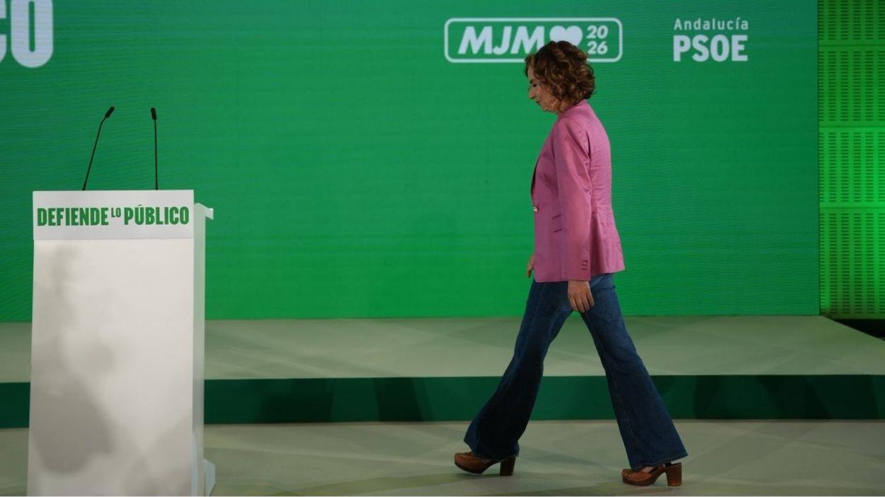 María Jesús Montero, candidata del PSOE de Andalucía, al llegar a su valoración del resultado electoral. EP.