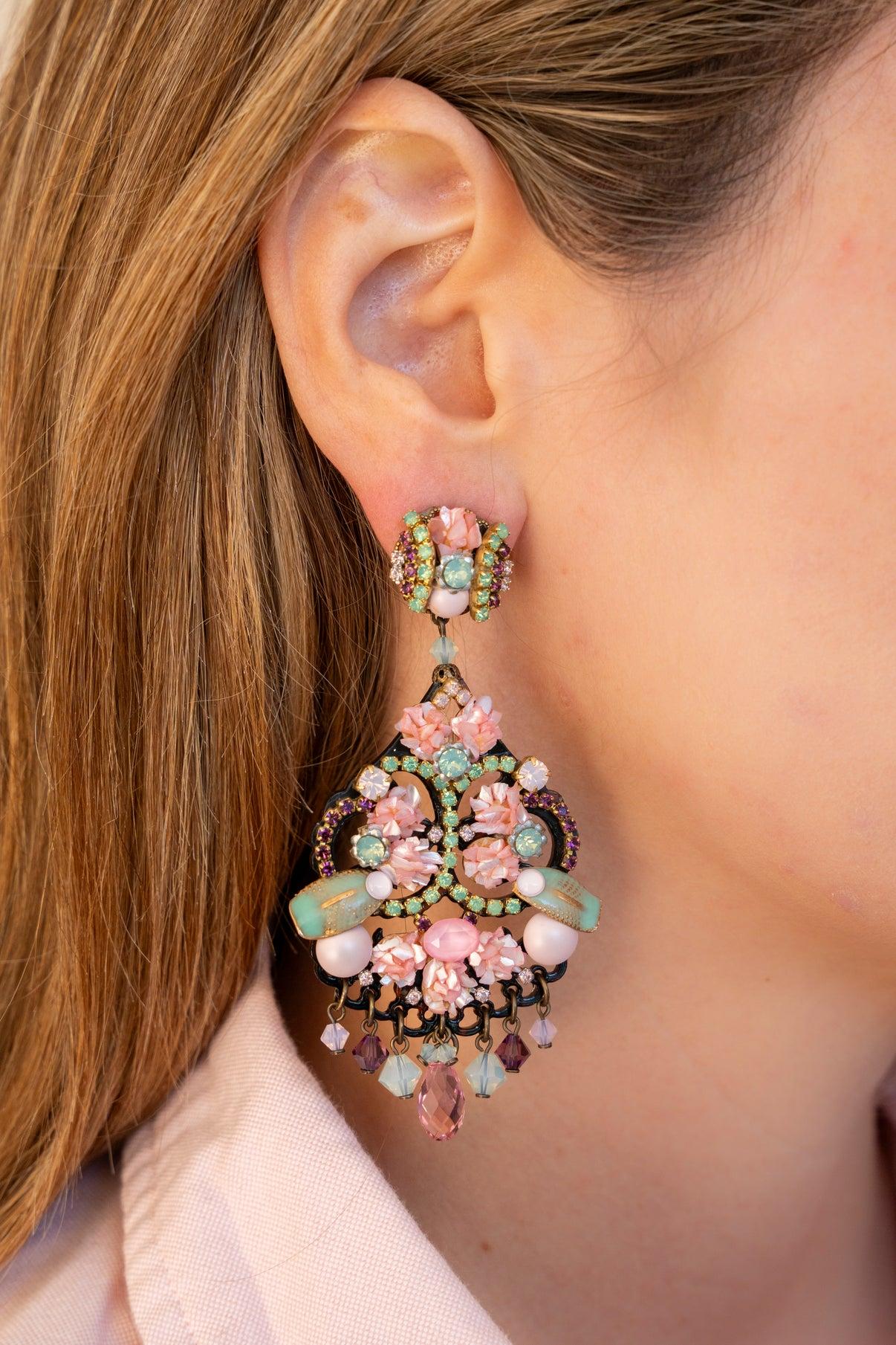 Pendientes de nácar rosa y turquesa con cristales