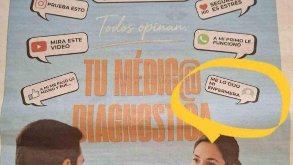 Parte del cartel de la campaña del Colegio Oficial de Médicos de Pontevedra con la referencia a la enfermería rodeado de amarillo (Foto: Europa Press). Parte del cartel de la campaña del Colegio Oficial de Médicos de Pontevedra con la referencia a la enfermería rodeado de amarillo (Foto: Europa Press).