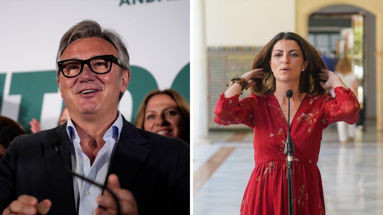 Manuel Gavira en la noche electoral (i.) y Macarena Olona en el Parlamento andaluz en 2022 / EP