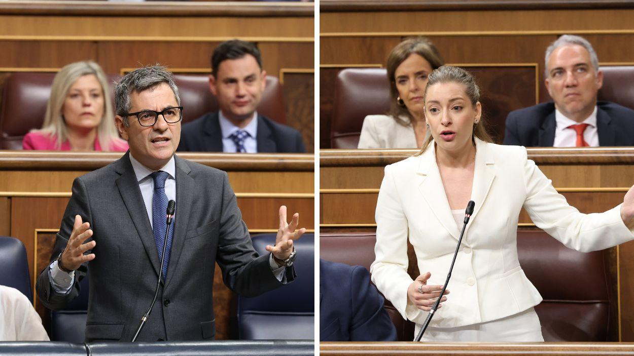 El ministro de Presidencia, Justicia y Relaciones con las Cortes, Félix Bolaños, y la portavoz del PP en el Congreso, Ester Muñoz, durante una sesión de control al Gobierno. EP.