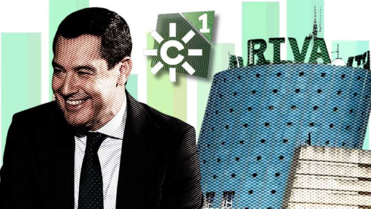 Juan Manuel Moreno Bonilla y la sede de la RTVA en la Isla de la Cartuja (Sevilla)