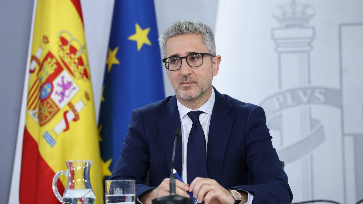 El ministro de Hacienda, Arcadi España, durante una rueda de prensa posterior al Consejo de Ministros, en el Palacio de la Moncloa, a 2 de junio de 2026, en Madrid. EP.