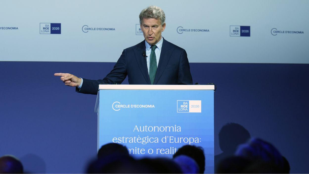 El presidente del PP, Alberto Núñez Feijóo, durante la 41 Reunió del Cercle d'Economia, en el Palau de Congressos de Catalunya (Barcelona), a 2 de junio de 2026. David Zorrakino / EP