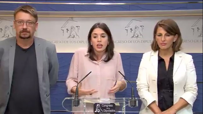 Los portavoces de Unidos Podemos, Irene Montero, Yolanda Pérez y Xavier Domènech