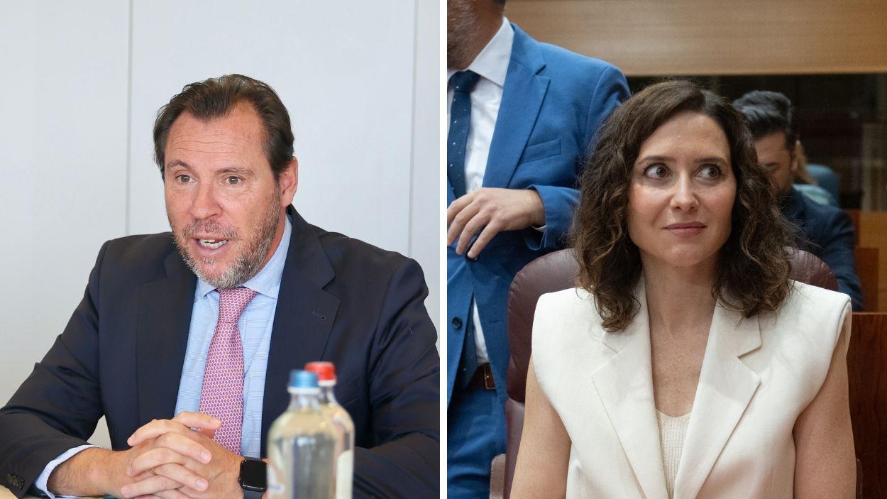El ministro de Transportes, Óscar Puente, y la presidenta de la Comunidad de Madrid, Isabel Díaz Ayuso, en un fotomontaje. Elaboración propia.