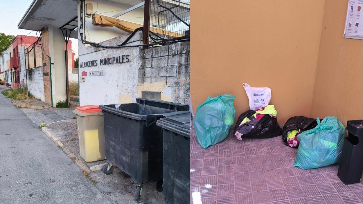 A la izquierda, con la tapa naranja, un contenedor en el que arrojan animales fallecidos. A la derecha, ropa sucia almacenada al no contar con servicio de lavandería / PSOE de Sevilla