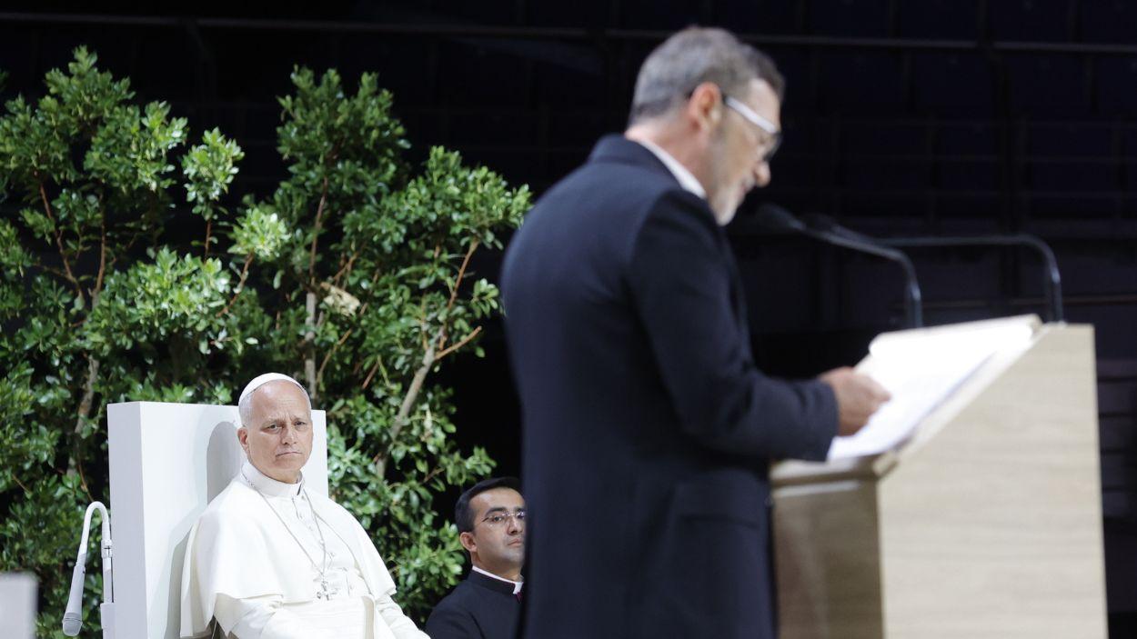 Antonio Banderas interviene ante el Papa en el acto cultural del Movistar Arena. Europa Press.