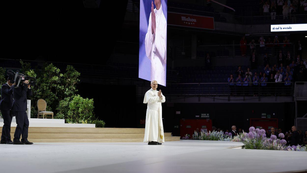 El Papa León XIV durante el encuentro 'Tejer redes con el mundo de la cultura, la educación, la empresa y el deporte', en el Movistar Arena. Europa Press.
