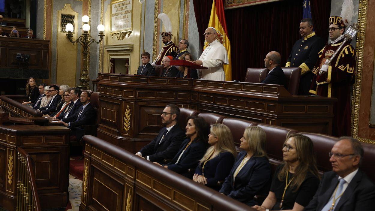 El Papa León XIV interviene durante su visita al Congreso de los Diputados. EP.