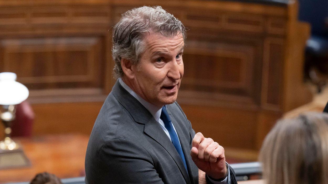 El presidente del PP, Alberto Núñez Feijóo, durante la visita del Papa León XIV al Congreso de los Diputados. EP.