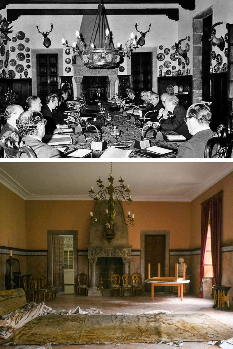 El antes y el después de uno de los salones del Pazo de Meirás, arriba una reunión de ministros en 1971 (EFE) y abajo, en la actualidad (Álvaro Minguito) El antes y el después de uno de los salones del Pazo de Meirás, arriba una reunión de ministros en 1971 (EFE) y abajo, en la actualidad (Álvaro Minguito)