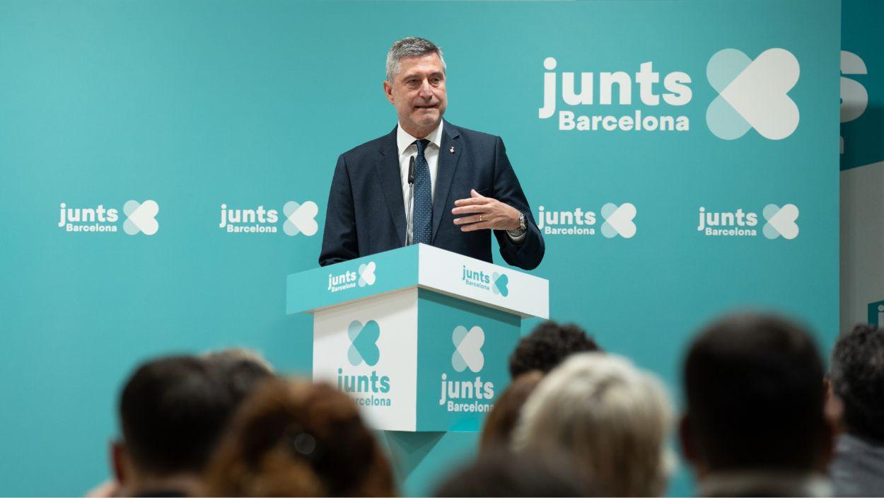 El presidente del grupo municipal de Junts en el Ayuntamiento de Barcelona, Jordi Martí, durante una rueda de prensa para presentar el nuevo nombre del partido durante el mandato, a 20 de enero de 2025. David Zorrakino / EP