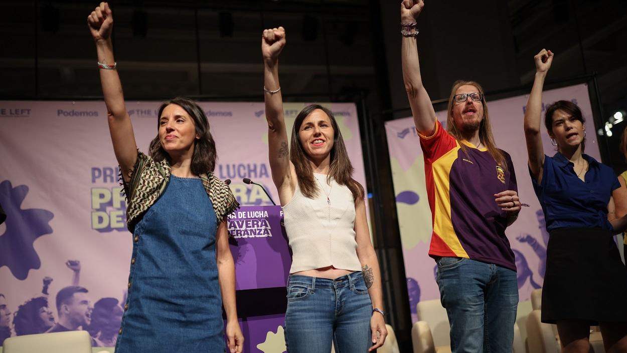 La secretaria política de Podemos y eurodiputada, Irene Montero, la secretaria general de Podemos, Ione Belarra, el portavoz nacional de Podemos, Pablo Fernández y la eurodiputada y portavoz de Podemos, Isa Serra, durante la jornada ‘Primavera de lucha, primavera de esperanza. EP
