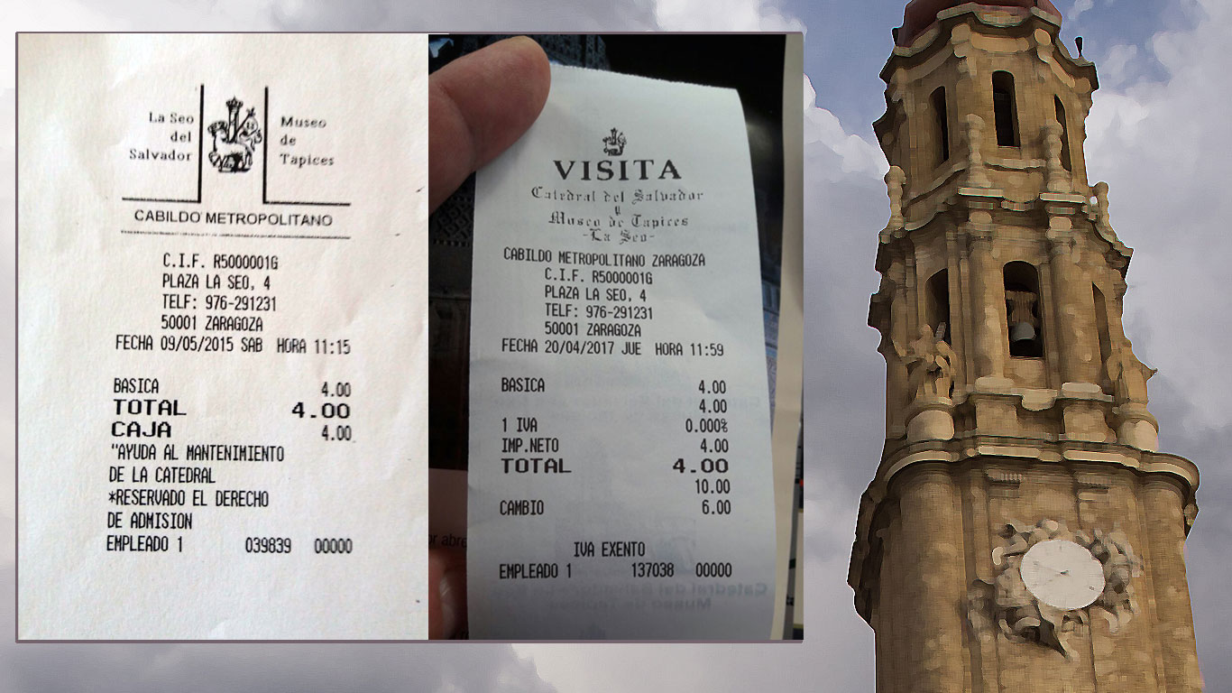 A la izquierda un antiguo ticket de entrada a La Seo de Zaragoza en el que no se le incluía el IVA. A la derecha, el mismo ticket de entrada con fecha del 20 de abril en el que ya figura el IVA. (Foto cedida a ELPLURAL.COM por MHUEL)