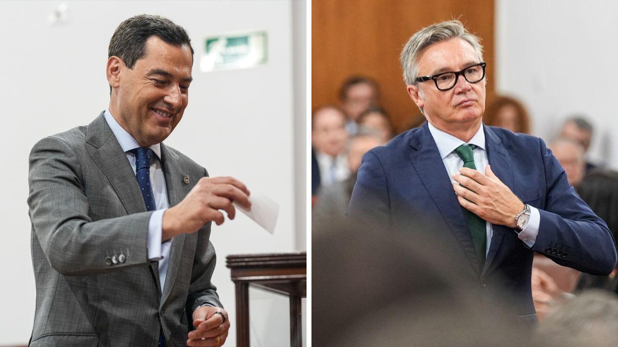 El presidente de la Junta en funciones, Moreno Bonilla (i.) y el portavoz de Vox en Andalucía, Manuel Gavira (d.) / EP