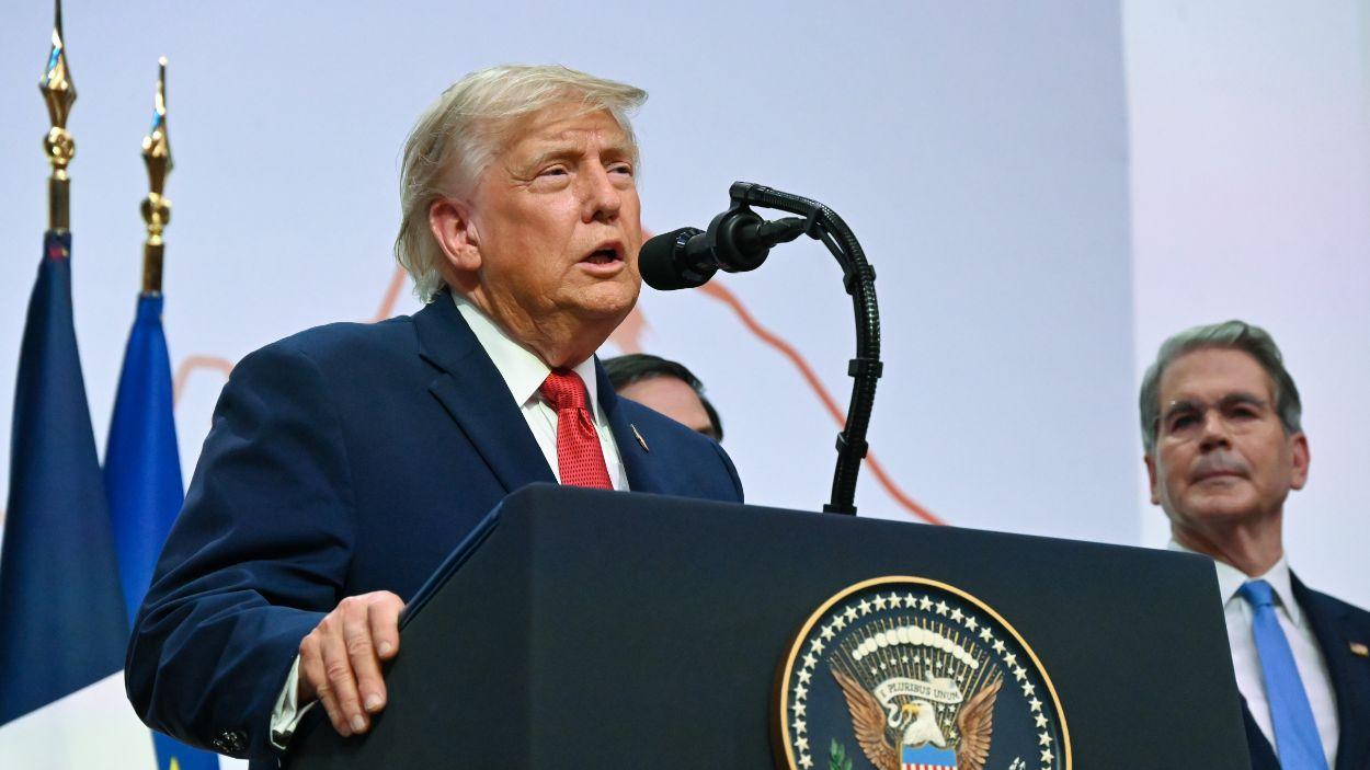 El presidente de Estados Unidos, Donald Trump, en una conferencia de prensa en la Cumbre del G7 en Évian (Francia). EP.